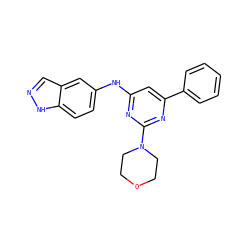 c1ccc(-c2cc(Nc3ccc4[nH]ncc4c3)nc(N3CCOCC3)n2)cc1 ZINC000064559057