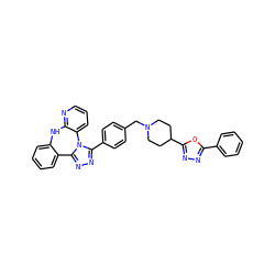 c1ccc(-c2nnc(C3CCN(Cc4ccc(-c5nnc6n5-c5cccnc5Nc5ccccc5-6)cc4)CC3)o2)cc1 ZINC000096174142