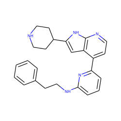 c1ccc(CCNc2cccc(-c3ccnc4[nH]c(C5CCNCC5)cc34)n2)cc1 ZINC000220249925