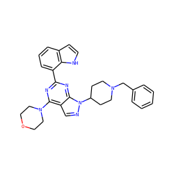 c1ccc(CN2CCC(n3ncc4c(N5CCOCC5)nc(-c5cccc6cc[nH]c56)nc43)CC2)cc1 ZINC000045317869