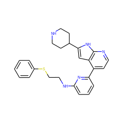 c1ccc(SCCNc2cccc(-c3ccnc4[nH]c(C5CCNCC5)cc34)n2)cc1 ZINC000220249616