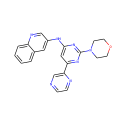 c1ccc2ncc(Nc3cc(-c4cnccn4)nc(N4CCOCC4)n3)cc2c1 ZINC000066074675